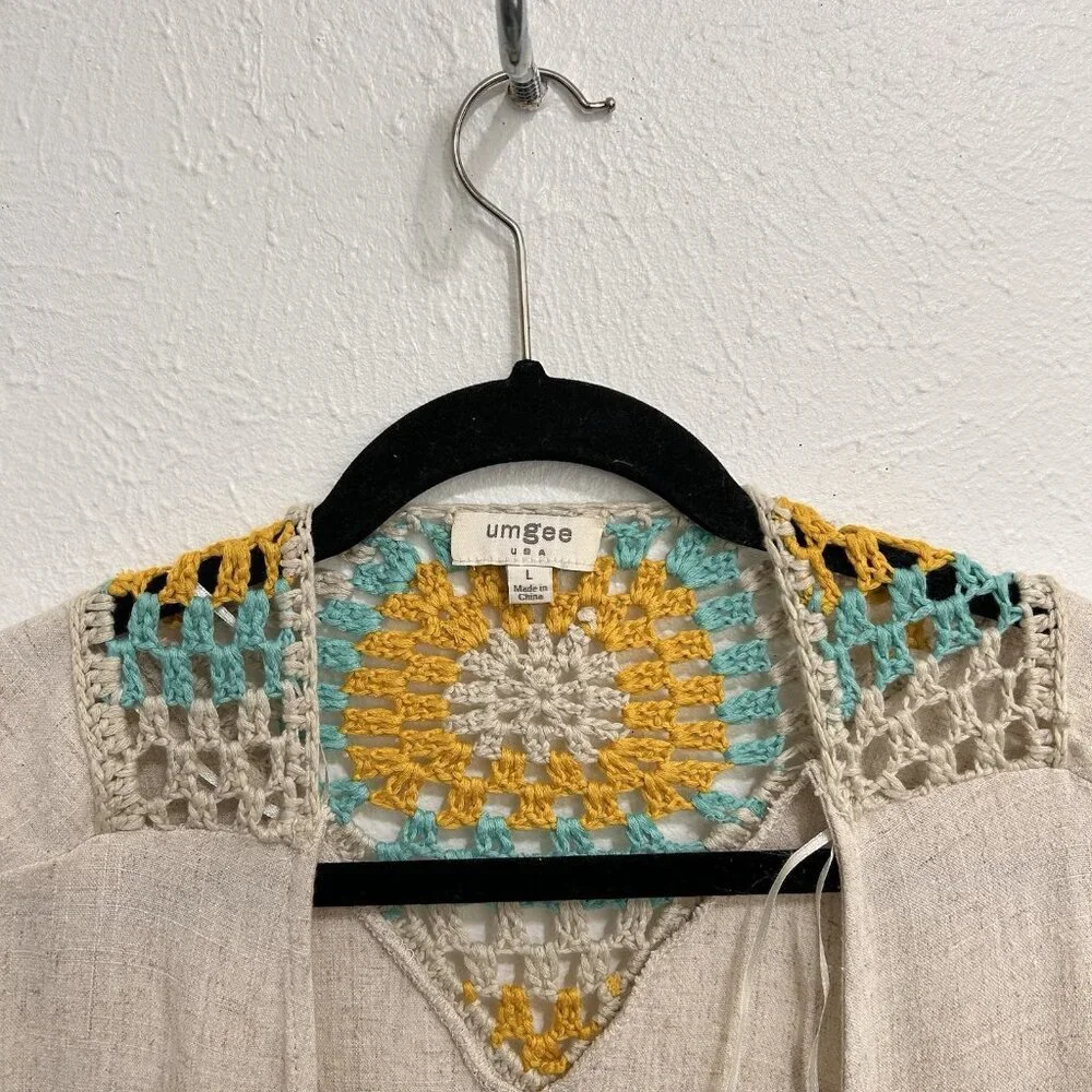 Umgee Crochet Patchwork Kimono Cardigan Oatmeal Open Front Granny core Size L - Picture 3 of 11